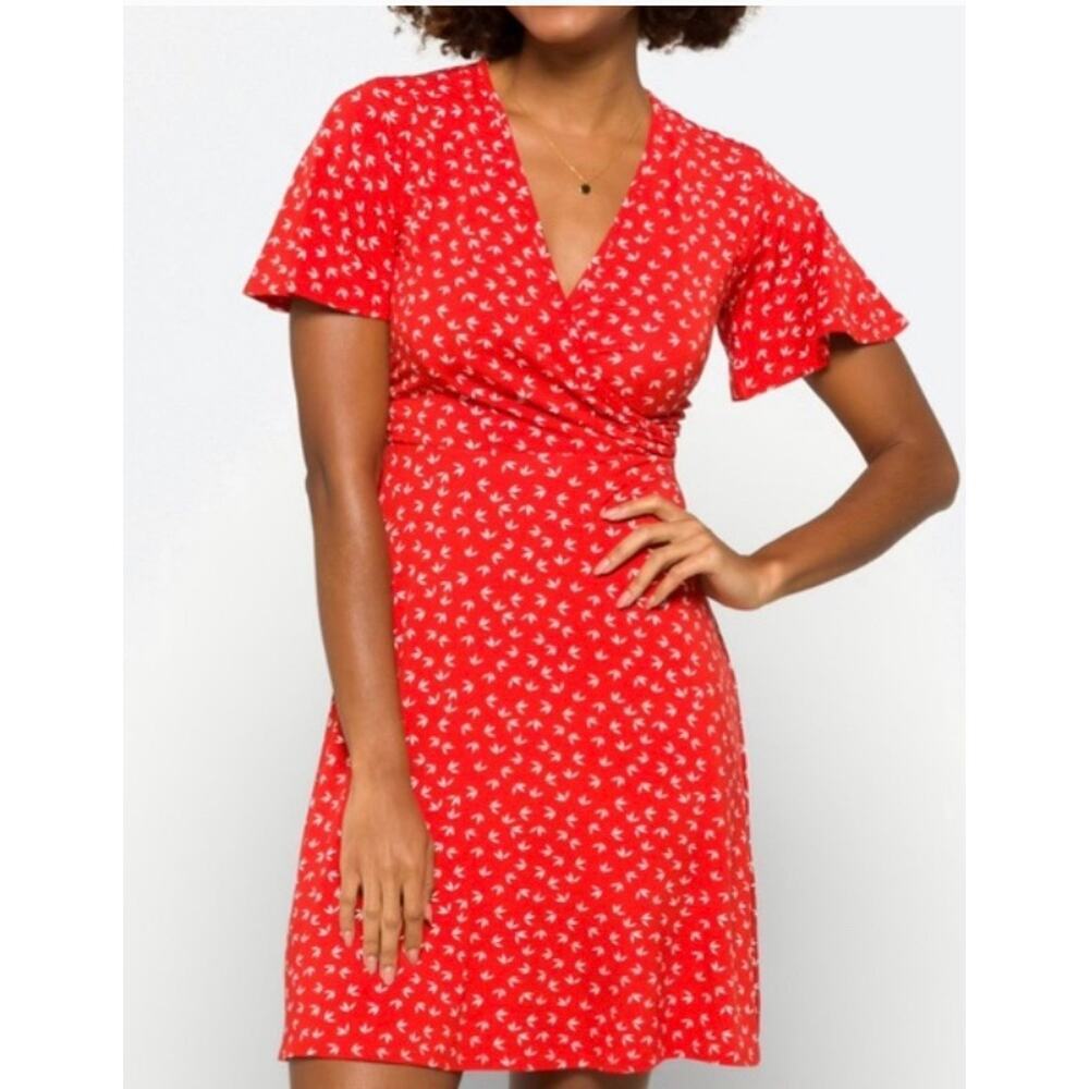 41 Hawthorn Red/White Short Sleeve Faux Wrap Style Dress XS - 23